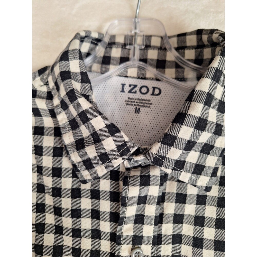 IZOD Button Shirt Mens M Black White Check Roll Tab Sleeves Pocket Preppy Office